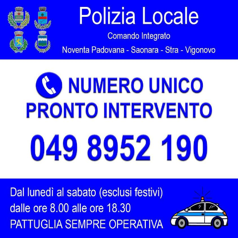 Numero unico per la Polizia Locale di Vigonovo-Noventa Padovana-Saonara-Stra