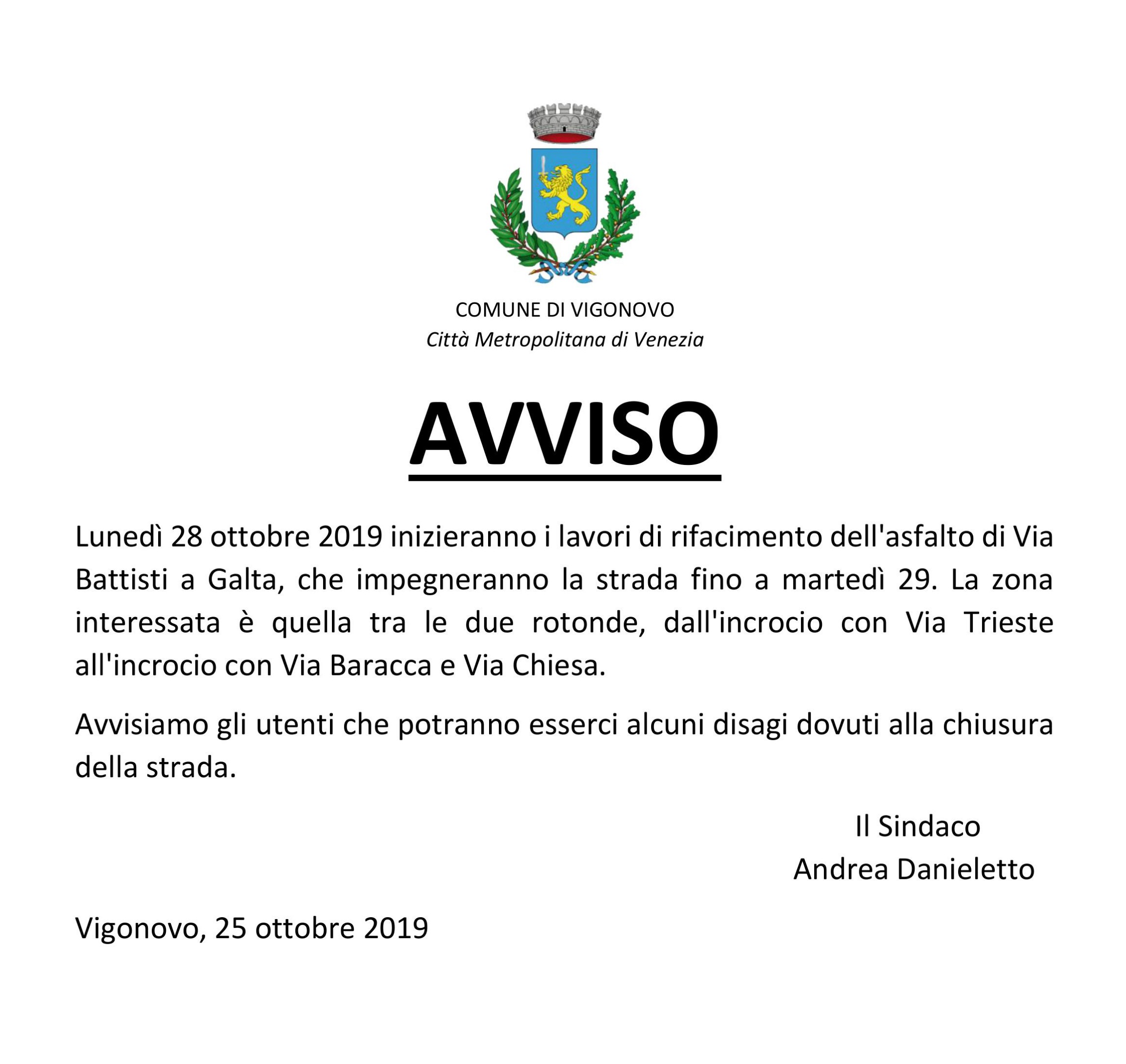 Avviso: inizio lavori di asfaltatura Via Battisti a Galta