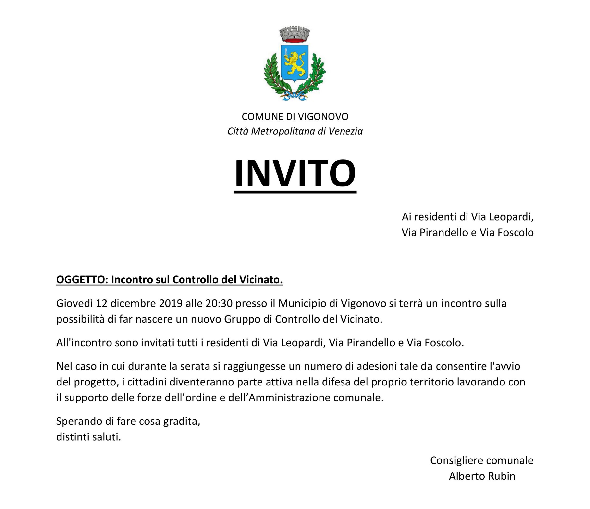 Incontro sul controllo del vicinato - 12 dicembre 2019