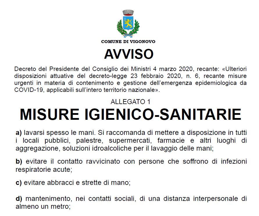 Informazioni sulle misure di prevenzione igienico sanitarie - DPCM 4 marzo 2020