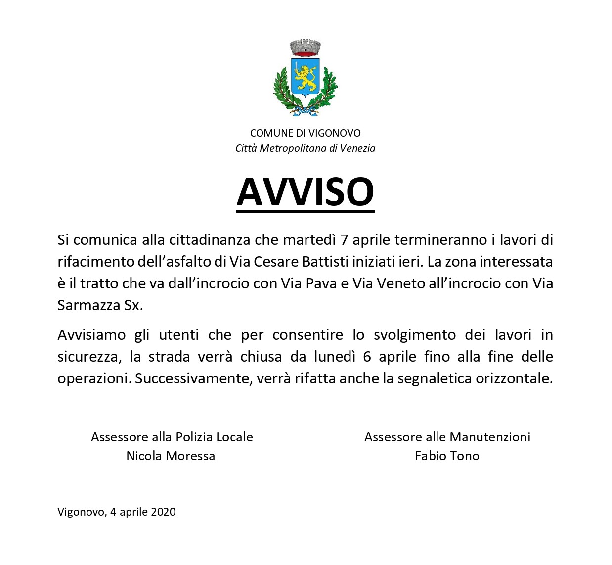 Avviso: Lavori di Asfaltatura Via C. Battisti