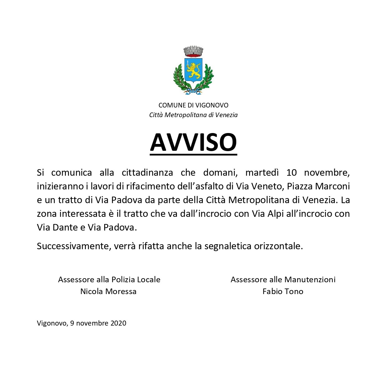 Asfaltatura Via Veneto, Piazza Marconi e Via Padova - Inizio Lavori