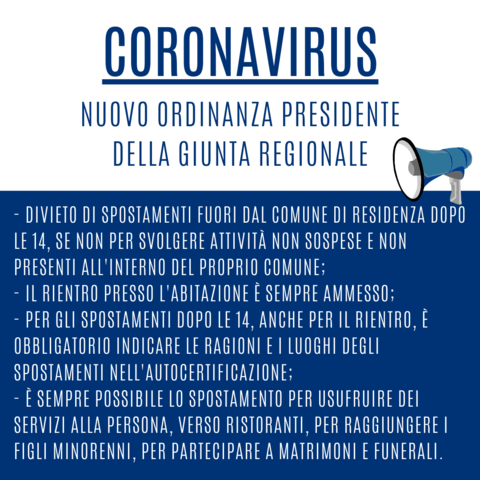 Coronavirus - Nuova Ordinanza Regionale