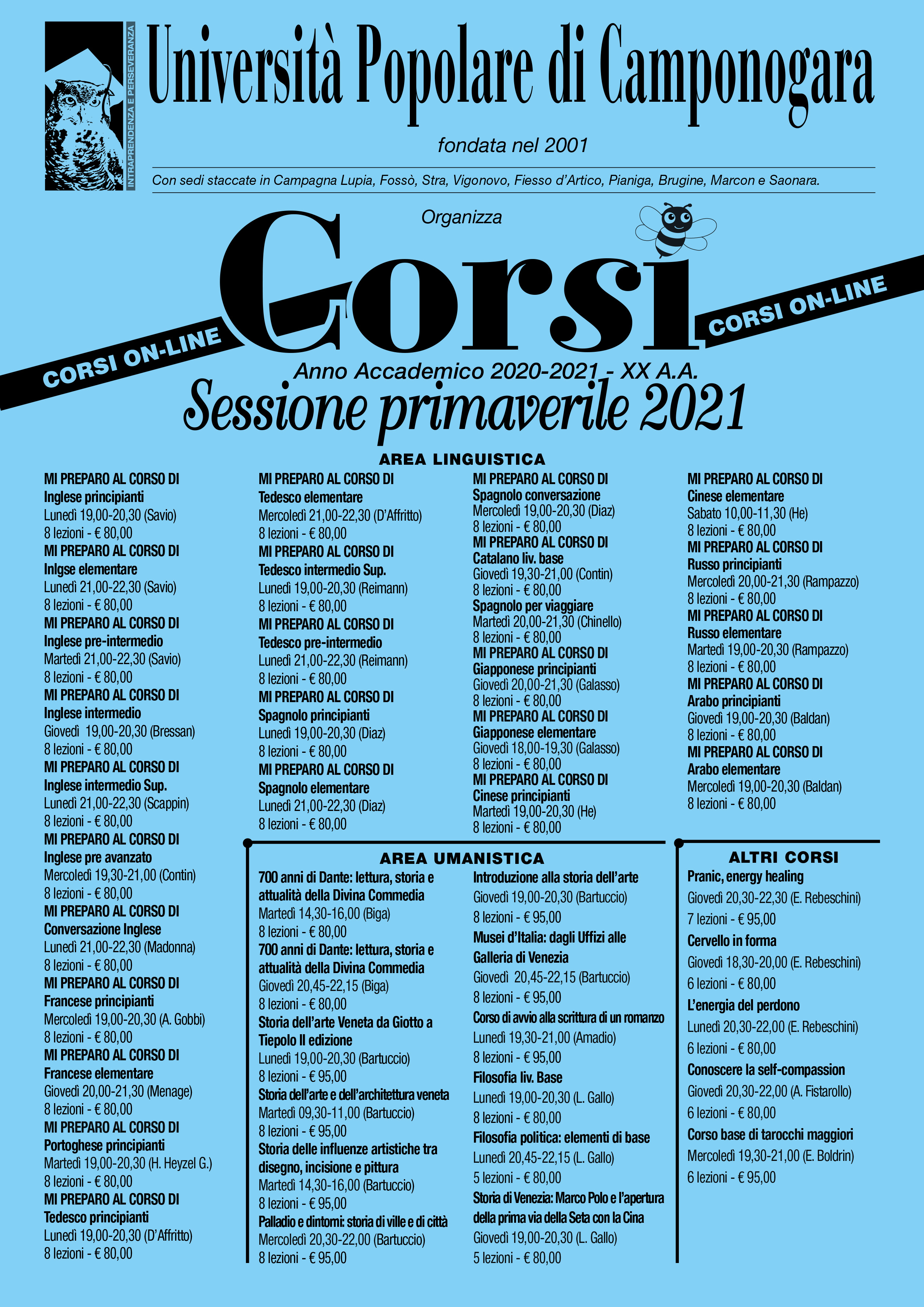 Sessione primaverile online dei corsi dell'Università Popolare di Camponogara