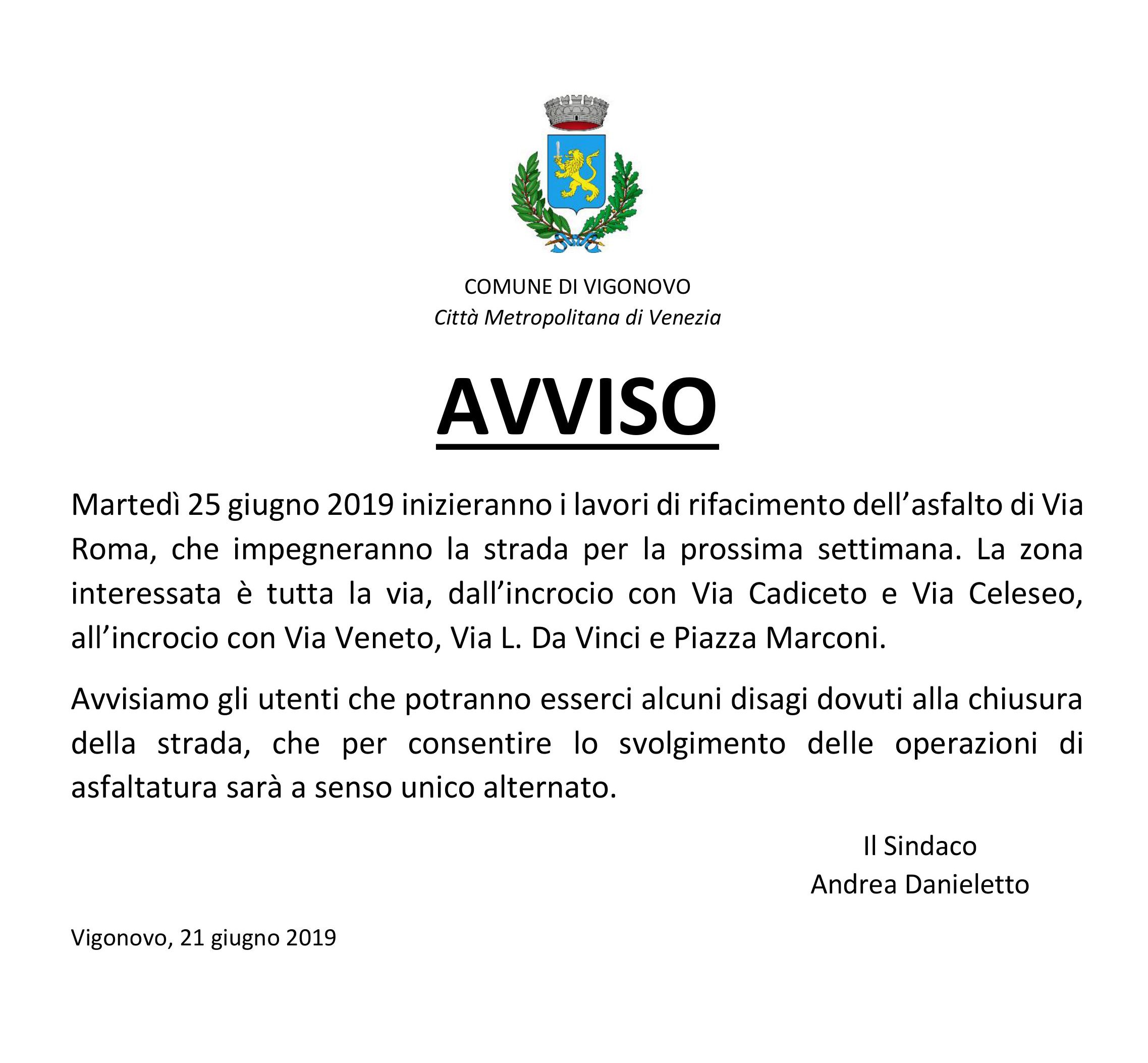 Avviso: inizio lavori di asfaltatura in via Roma